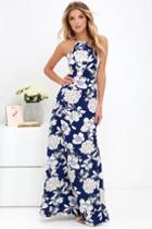 Lulus | In Blossom Blue Floral Print Maxi Dress | Size Small | 100% Polyester