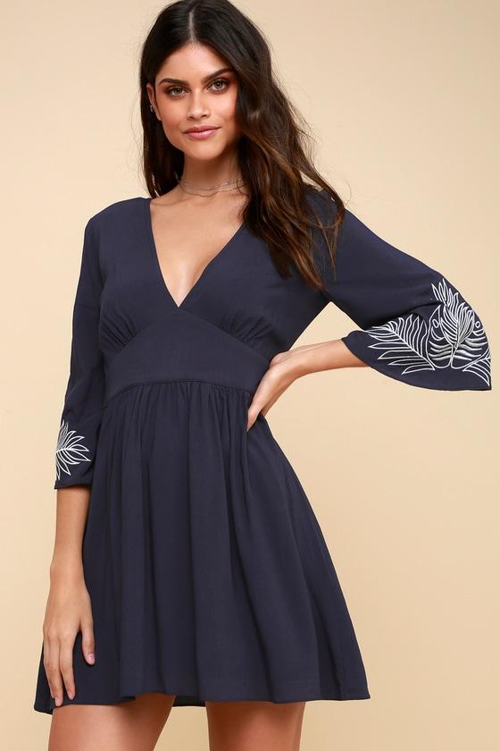 Isles Navy Blue Embroidered Bell Sleeve Dress | Lulus
