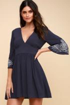 Isles Navy Blue Embroidered Bell Sleeve Dress | Lulus
