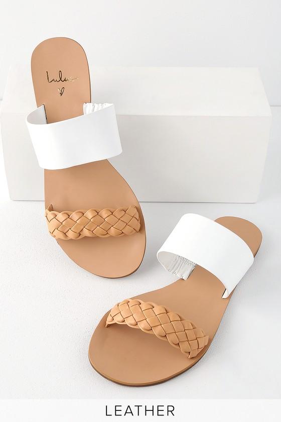 Caylee Tan And White Nappa Leather Slide Sandal Heels | Lulus