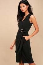 Lulus Office Aesthetic Black Midi Wrap Dress