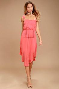 Lush Himalayan Breeze Coral Pink Embroidered Midi Dress
