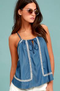 Lush Lost At Sea Blue Chambray Embroidered Sleeveless Top