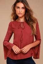 Lulus | Carefully Curated Rust Red Long Sleeve Top | Size Large | 100% Polyester