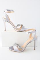 Jewel By Badgley Mischka Merida Silver Satin Rhinestone Ankle Strap Heels | Lulus