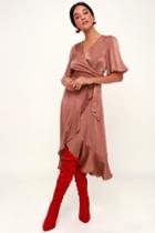 Wrapped Up In Love Mauve Satin Wrap Midi Dress | Lulus