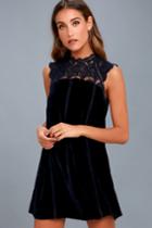 Lulus | Who's Who Navy Blue Crocheted Lace Velvet Shift Dress | Size Medium | 100% Polyester