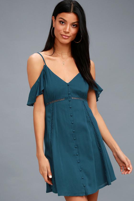 Percy Teal Blue Off-the-shoulder Button-up Dress | Lulus