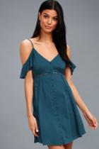 Percy Teal Blue Off-the-shoulder Button-up Dress | Lulus
