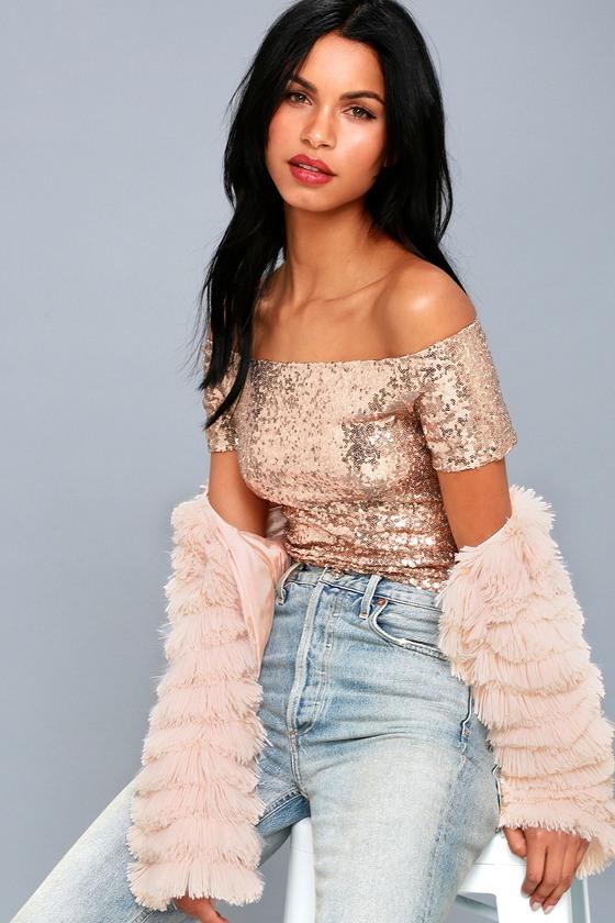 Lulus | Born To Stun Rose Gold Sequin Off-the-shoulder Crop Top