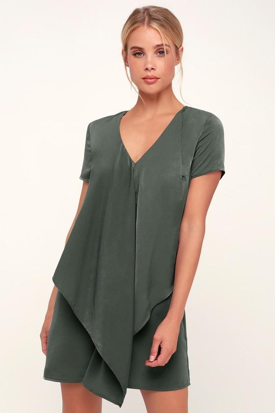 Dear Friend Washed Olive Satin Green Drape Front Shift Dress | Lulus