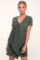 Dear Friend Washed Olive Satin Green Drape Front Shift Dress | Lulus