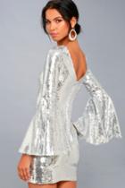 Lulus | Beaming Belle Silver Sequin Bell Sleeve Dress | Size Large | 100% Polyester