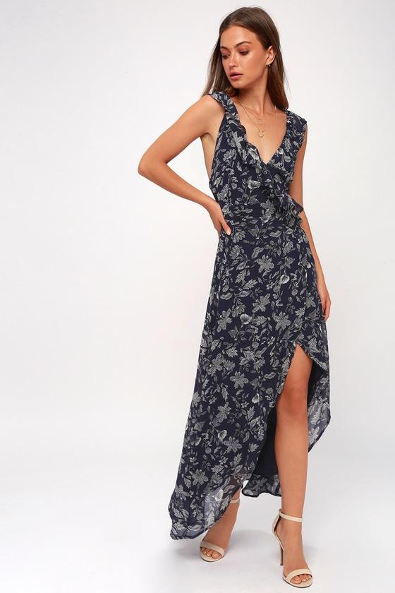 Bb Dakota Kelli Navy Blue Floral Print High-low Wrap Dress | Lulus