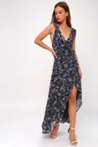 Bb Dakota Kelli Navy Blue Floral Print High-low Wrap Dress | Lulus