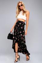 Lulus | Marvelously Magical Black Floral Print Wrap Maxi Skirt | Size Large | 100% Polyester