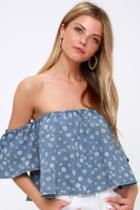 Carmelia Blue Floral Print Chambray Off-the-shoulder Crop Top | Lulus