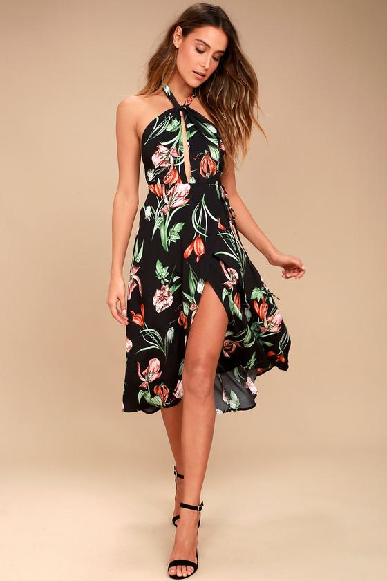 Astr The Label Astr The Label Luciana Black Floral Print Wrap Midi Dress | Size Large | 100% Polyester | Lulus