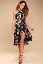 Astr The Label Astr The Label Luciana Black Floral Print Wrap Midi Dress | Size Large | 100% Polyester | Lulus