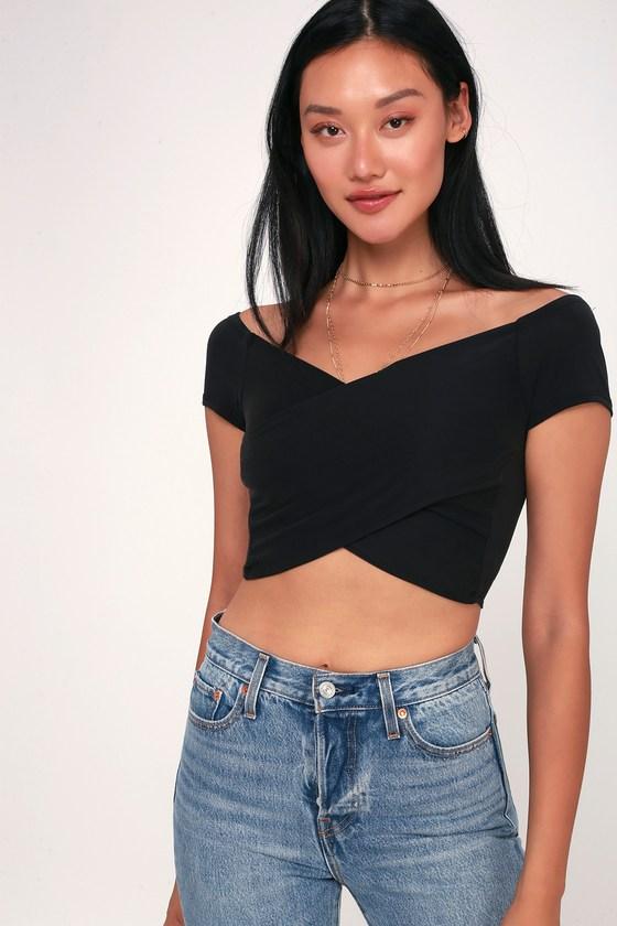Fayre Washed Black Surplice Crop Top | Lulus