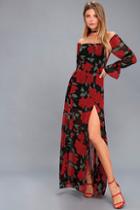 Re:named Final Rose Black Floral Print Off-the-shoulder Maxi Dress