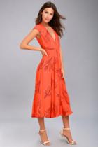 Free People | Retro Coral Orange Floral Print Midi Dress | Size 2 | 100% Rayon | Lulus