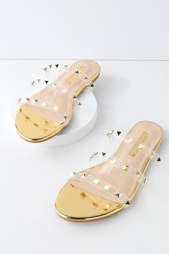 Liliana Marlow Gold Studded Slide Sandal Heels | Lulus