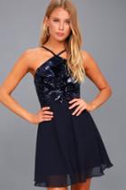 Lulus | Time Of Love Navy Blue Sequin Halter Skater Dress | Size Large | 100% Polyester