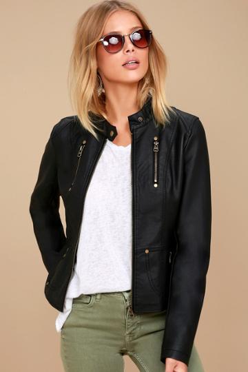 Tcec | Peace Of Mind Black Vegan Leather Moto Jacket | Size Medium | 100% Polyester | Vegan Friendly | Lulus