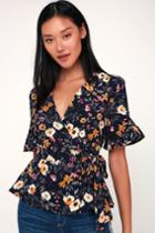 J.o.a. Hartell Midnight Blue Floral Print Wrap Top | Lulus