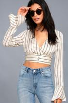 J.o.a. | Odelia Cream Striped Satin Long Sleeve Crop Top | Size Large | White | 100% Polyester | Lulus