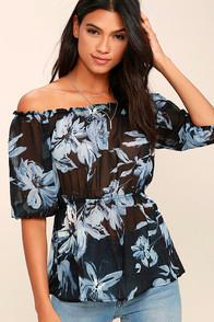 Lulus Giving Me Life Black Floral Print Off-the-shoulder Top