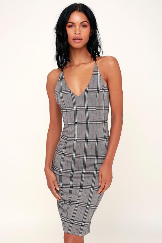 Black Swan Beth Grey Plaid Bodycon Midi Dress | Lulus
