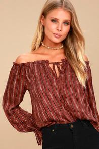 Lulus Barakaldo Rust Red Print Off-the-shoulder Top