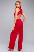 Lulus | Thinking Out Loud Red Backless Jumpsuit | Size Large | 100% Polyester