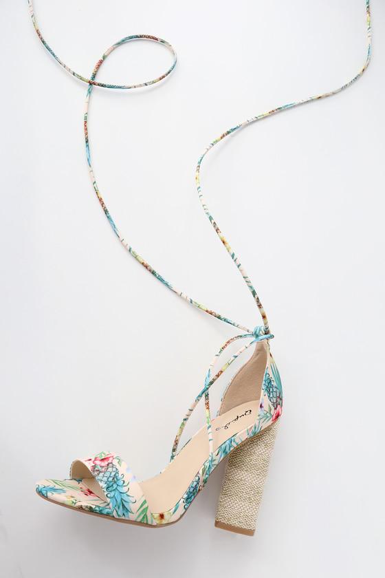Qupid Sora Nude Multi Tropical Print Lace-up Heels | Lulus