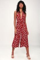 Moon River Raylin Wine Red Floral Print Halter Culotte Jumpsuit | Lulus