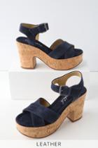 Splendid Flaire Navy Blue Suede Leather Cork Platform Sandal Heels | Lulus
