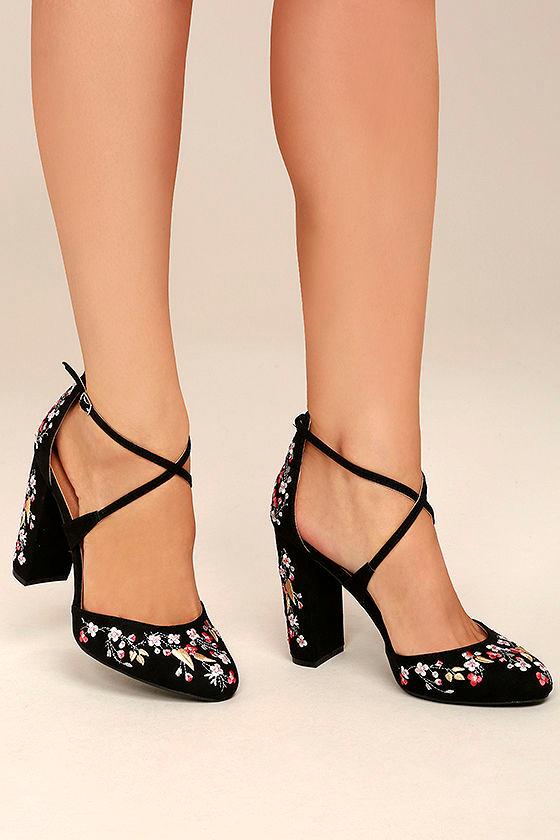 Lulus | Lottie Black Embroidered Ankle Strap Heels | Size 7 | Vegan Friendly