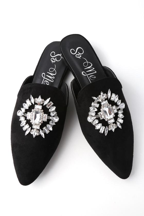 So Me Yates Black Suede Rhinestone Loafer Slides | Lulus