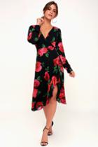 Magic Love Black Floral Print Long Sleeve Wrap Midi Dress | Lulus
