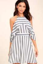 Lulus The Wind Is Right Blue And White Striped Off-the-shoulder Dress