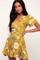 Kivari Saffron Bloom Mustard Yellow Floral Print Wrap Dress | Lulus