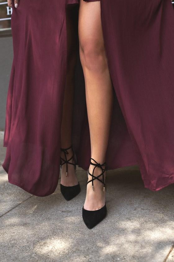 Lulus | Dani Black Suede Lace-up Heels | Size 6 | Vegan Friendly