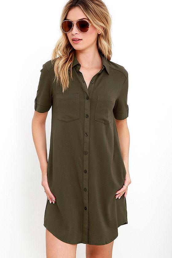 Lulus | Oxford Comma Olive Green Shirt Dress | Size Medium