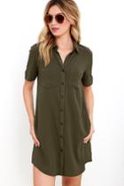 Lulus | Oxford Comma Olive Green Shirt Dress | Size Medium