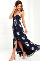 Lulus | All Mine Navy Blue Floral Print High-low Wrap Dress | Size X-small | 100% Polyester