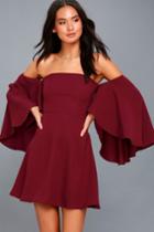 Lulus | Moonlit Dance Wine Red Off-the-shoulder Skater Dress | Size Large | 100% Polyester
