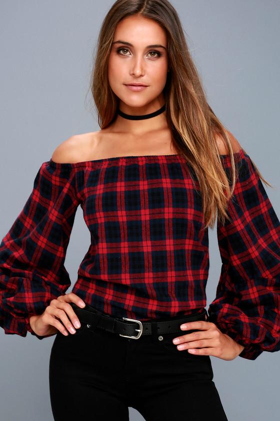 Ppla | Tara Navy Blue And Red Plaid Flannel Off-the-shoulder Top | Size Large | 100% Cotton | Lulus