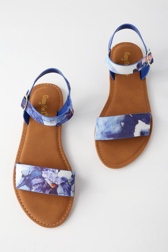 Bamboo Taryn Blue Multi Flat Sandal Heels | Lulus